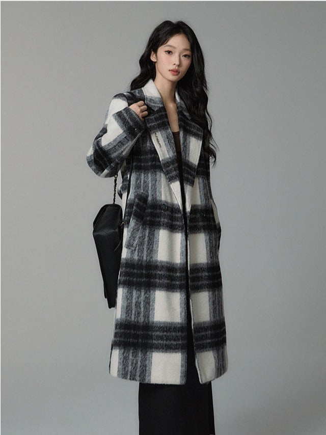 Checked wool mid-length coat