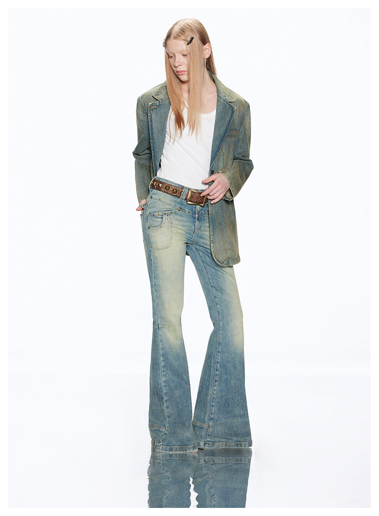 Short washed retro denim jacket &amp;Slim straight washed retro flare denim pants