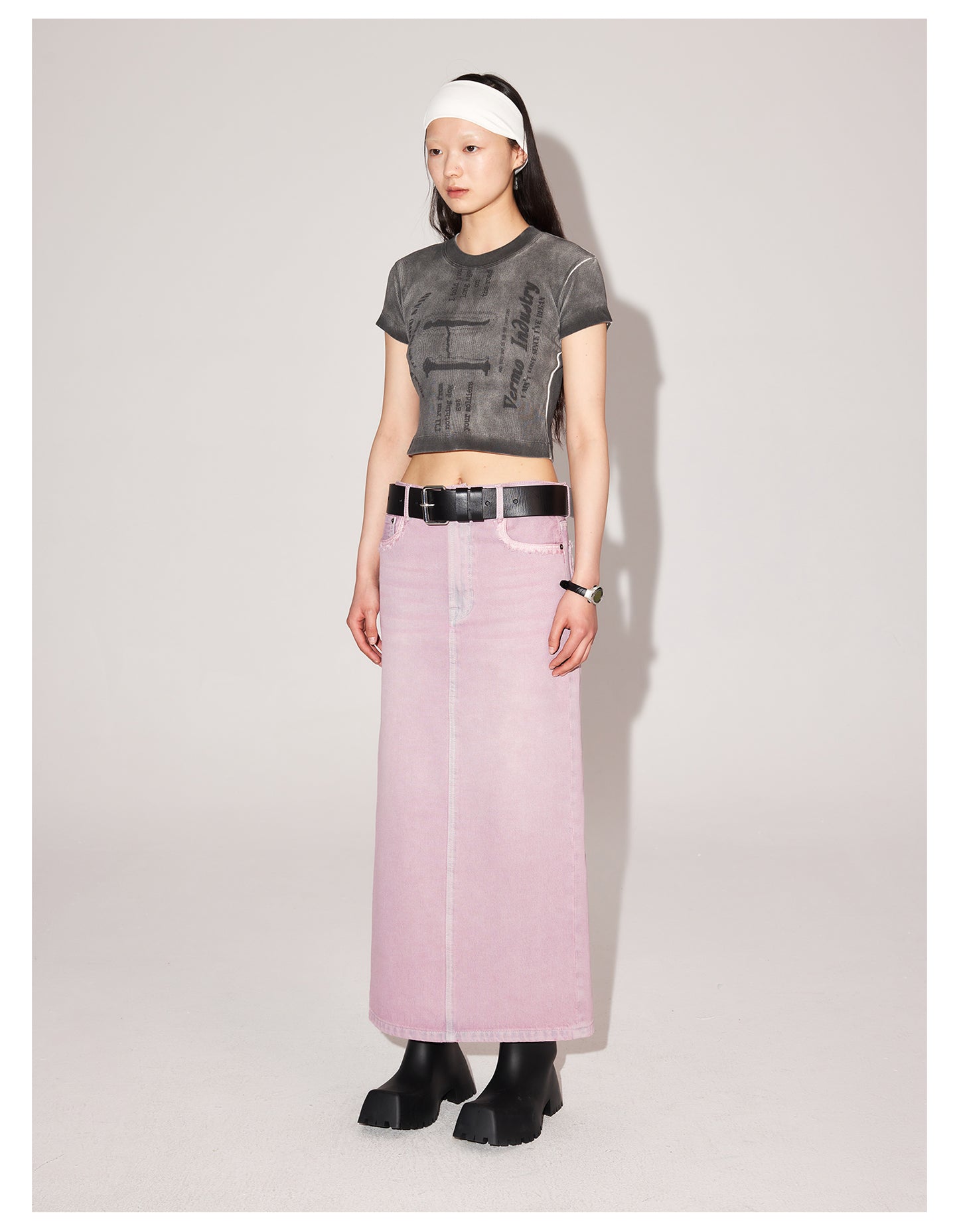 Slim Fit Long Length Washed Denim Skirt