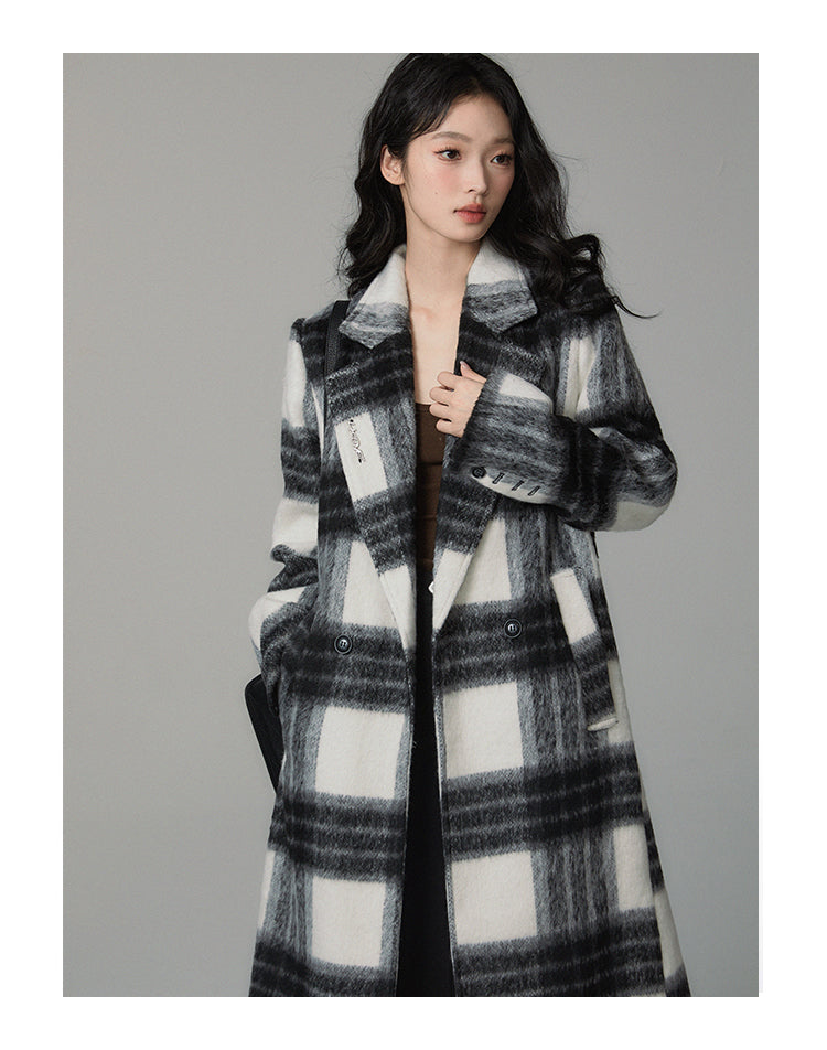 Checked wool mid-length coat