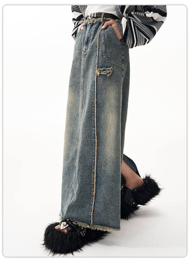 Washed Denim Long Skirt