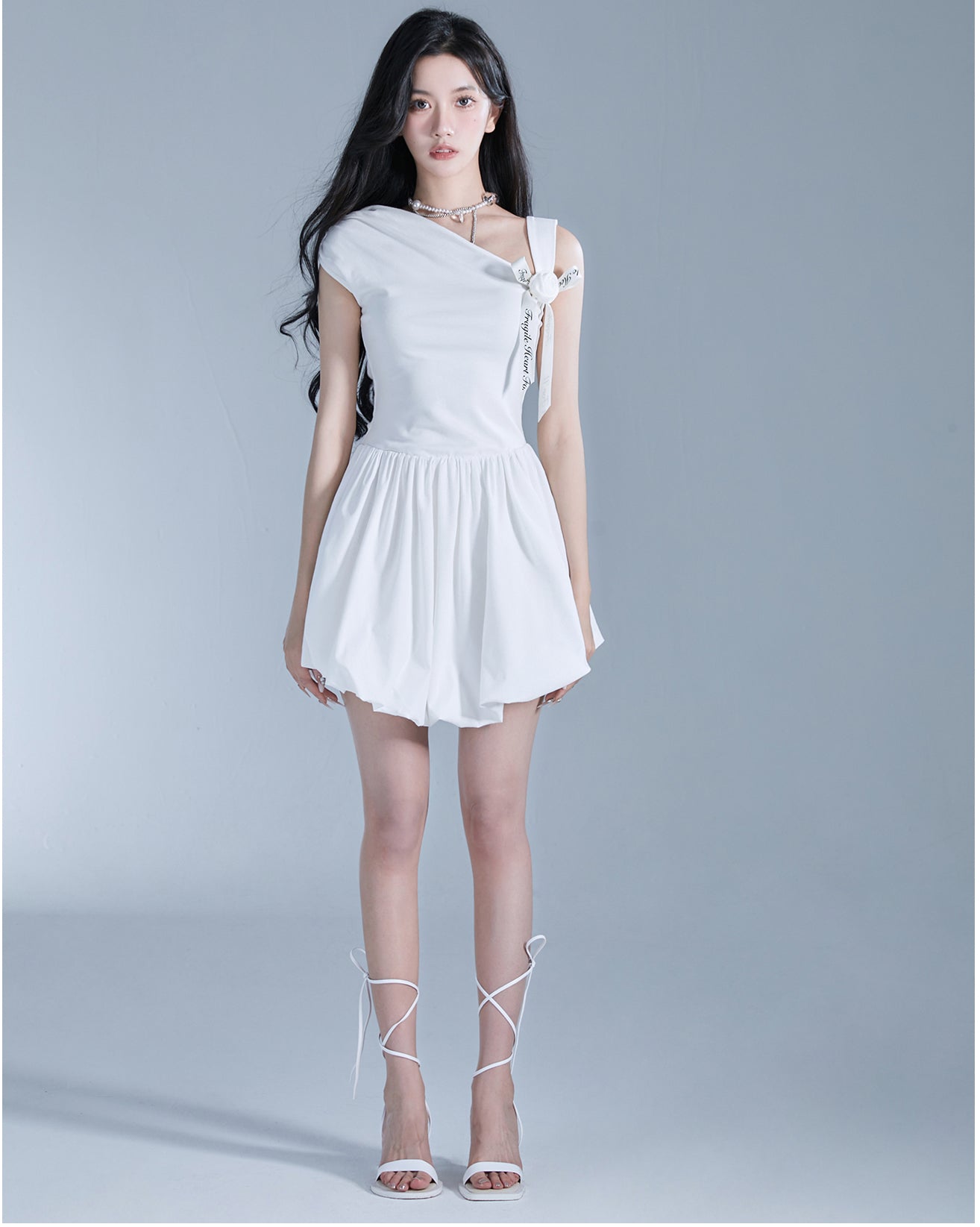 French One Shoulder Ribbon Short Length Dress