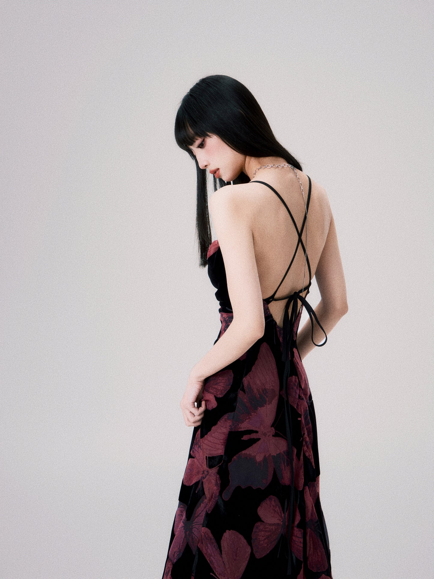 Square Neck Velvet Butterfly Suspender Dress