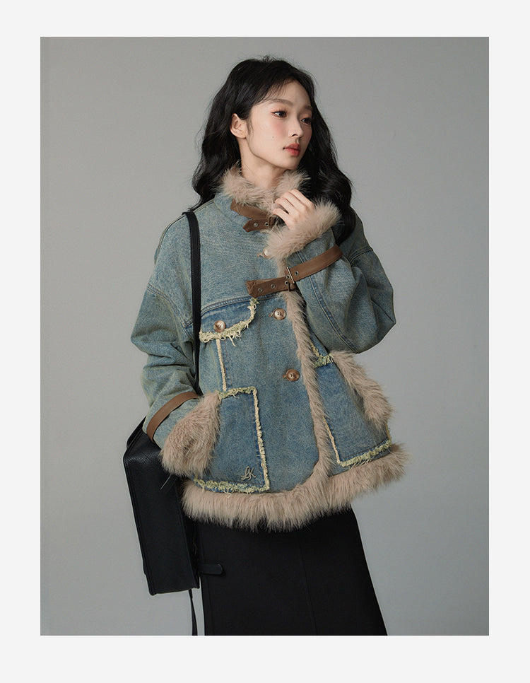 retro fur stitch denim coat