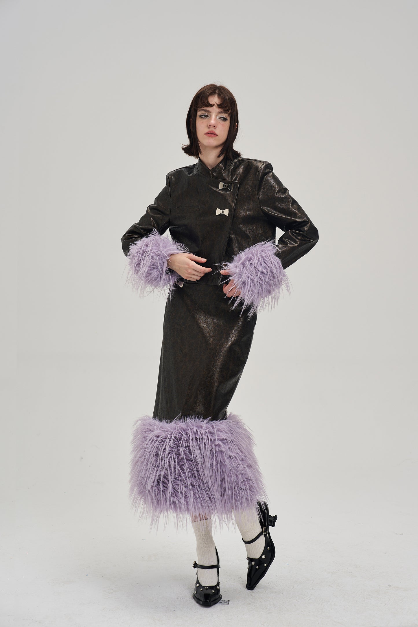 Fur short length leather jacket & fur long length leather skirt