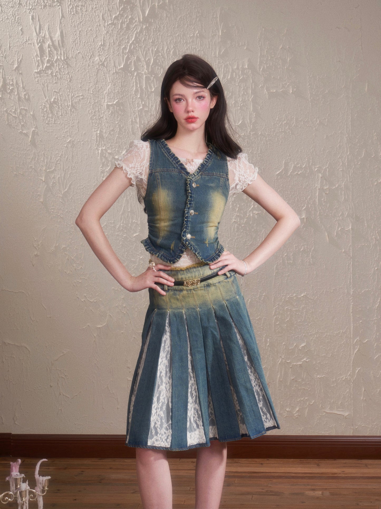 Lace Denim Vest and Pleated Skirt Setup