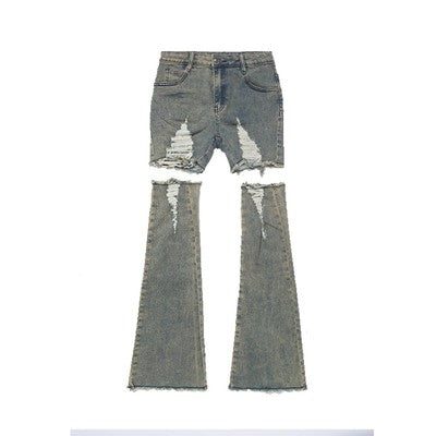 Slim Fit Short Length Damaged Denim Pants & Leg Calf