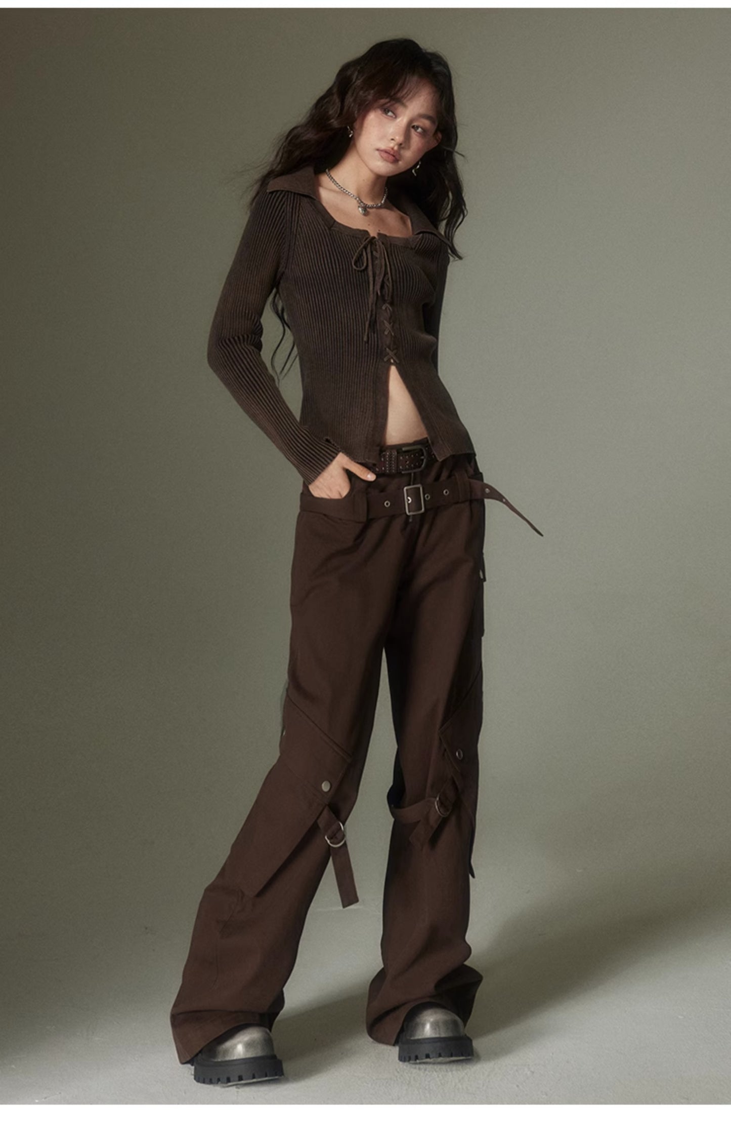 Loose Straight Double-Belt Multifunctional Pants