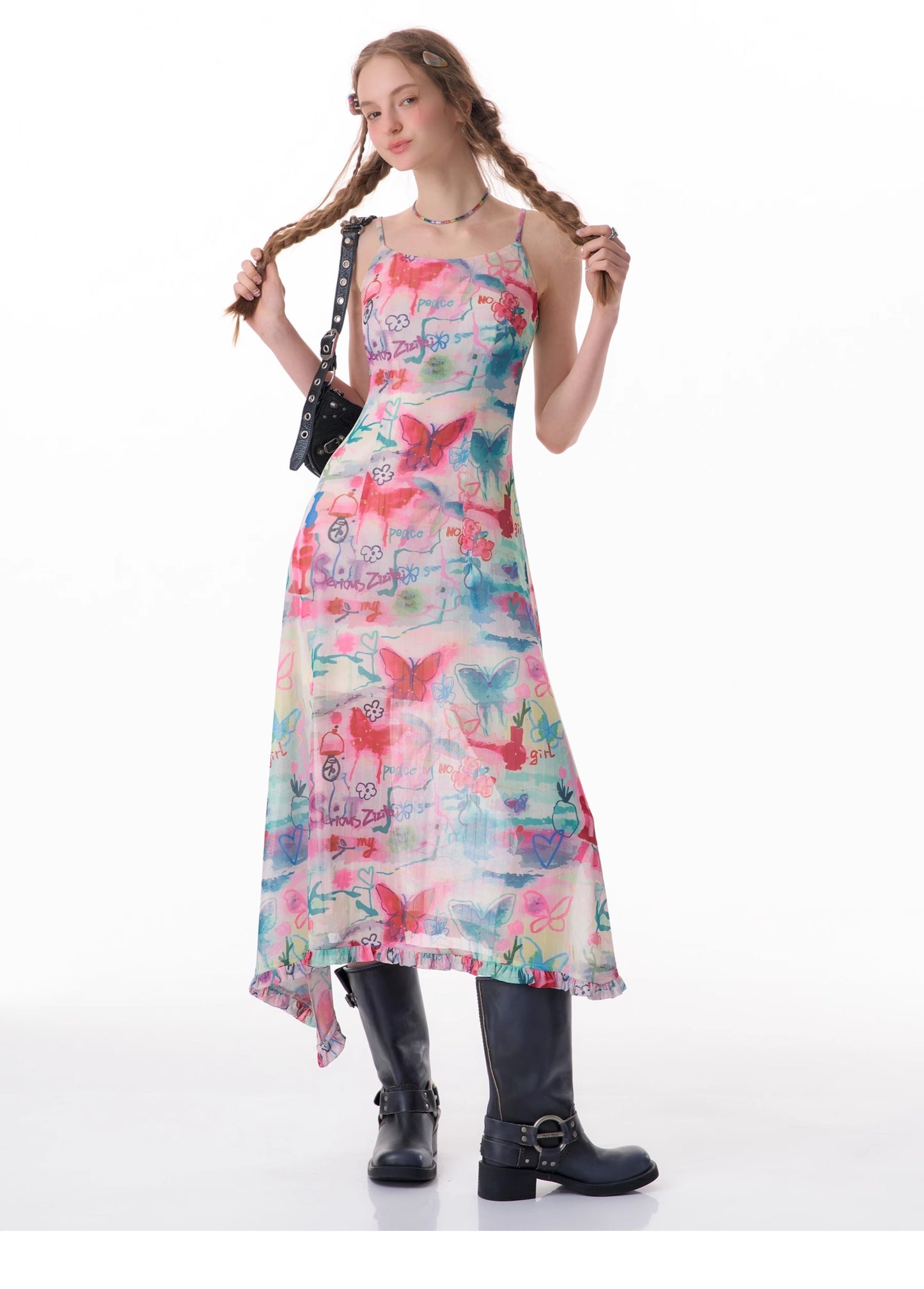 Graffiti butterfly print suspender dress