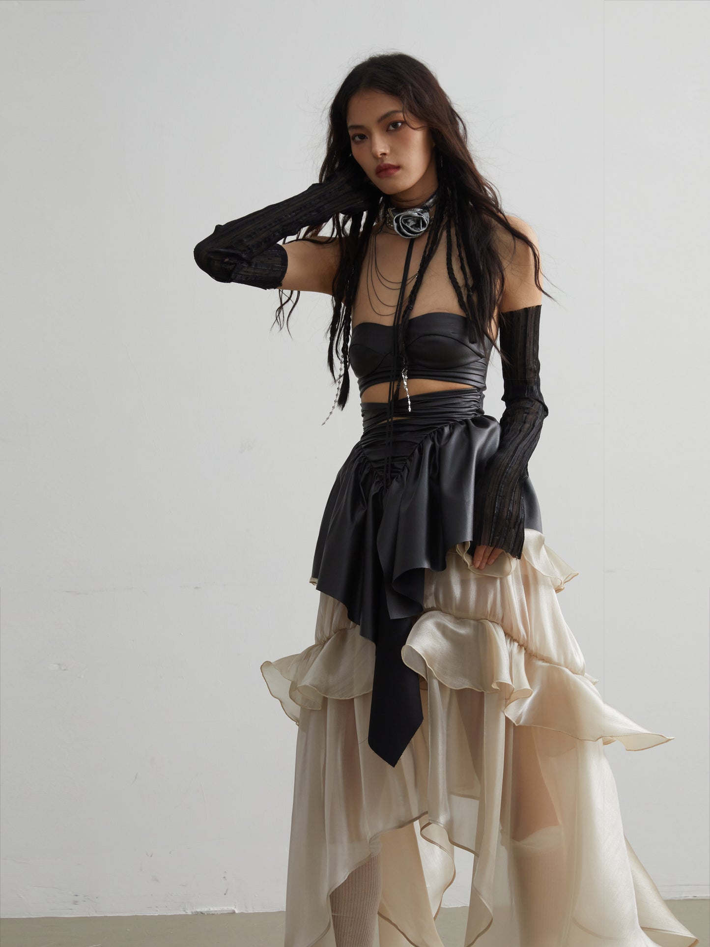 Nude Glossy Ruffle Goldfish Skirt