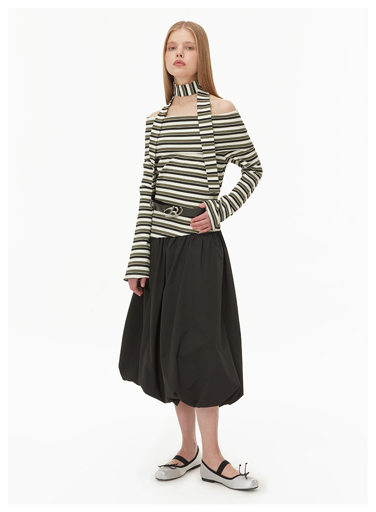 Off-shoulder neck strap striped knit