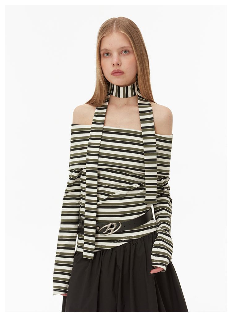 Off-shoulder neck strap striped knit