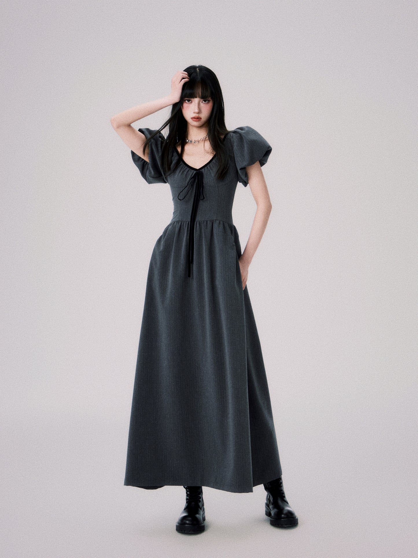 French V-neck Puff Sleeve Ribbon Dress