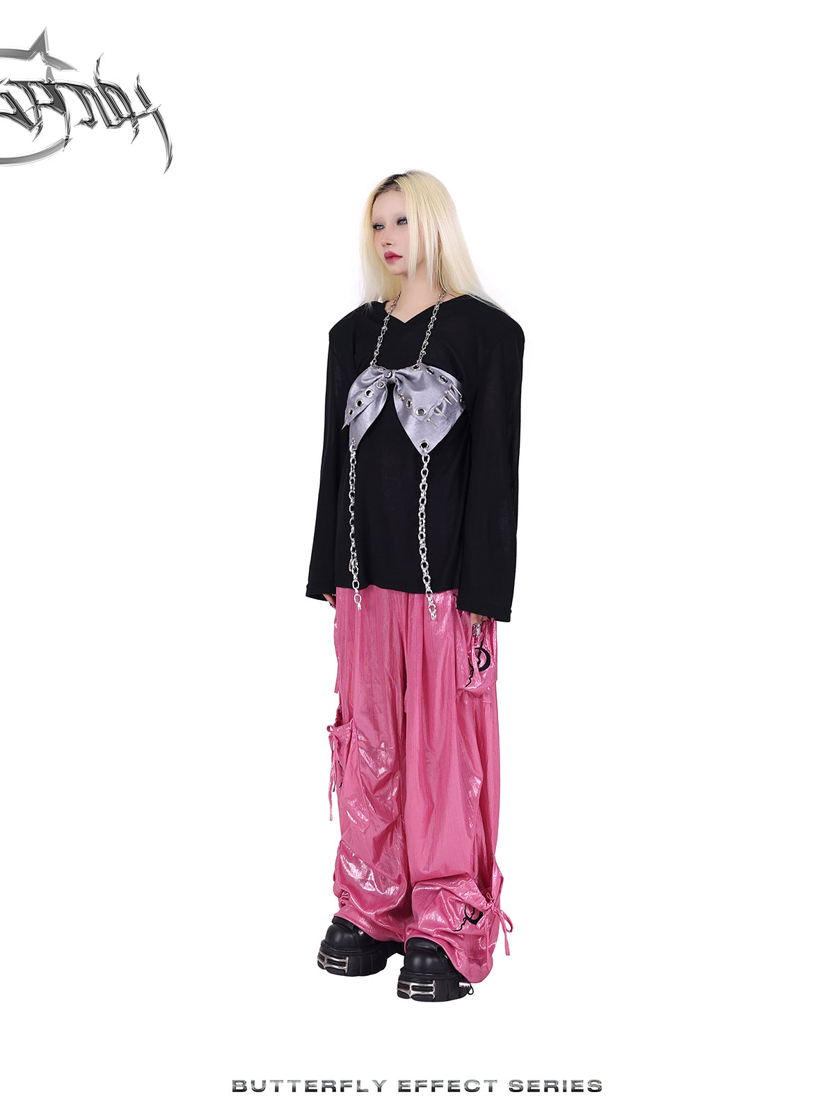 Wide-leg multi-pocket shiny cargo pants