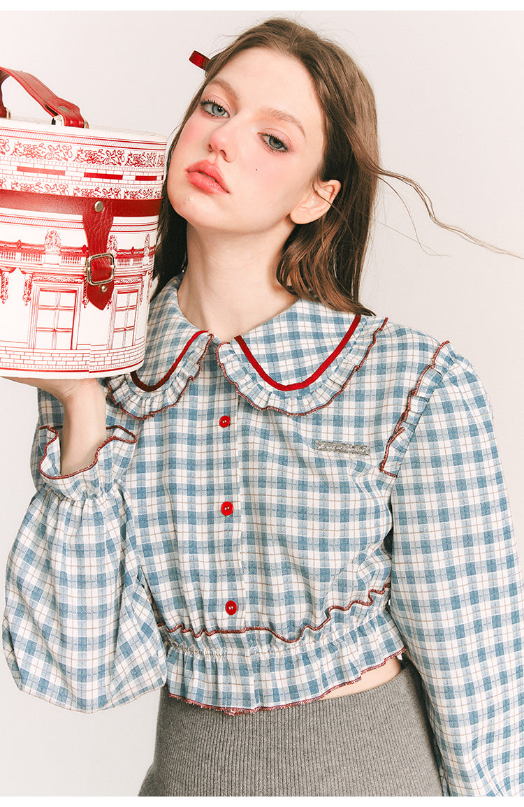 Cropped checkered puffy sleeve blouse