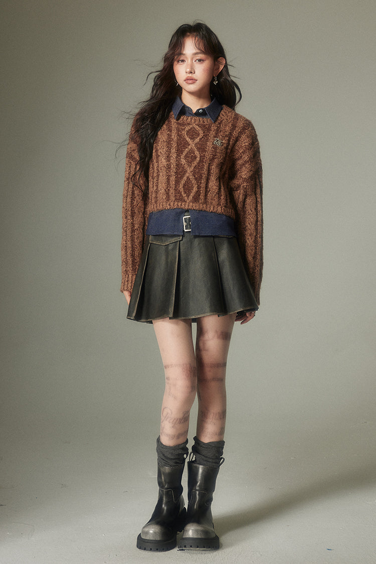 Short length retro knit & shirt faux two-piece