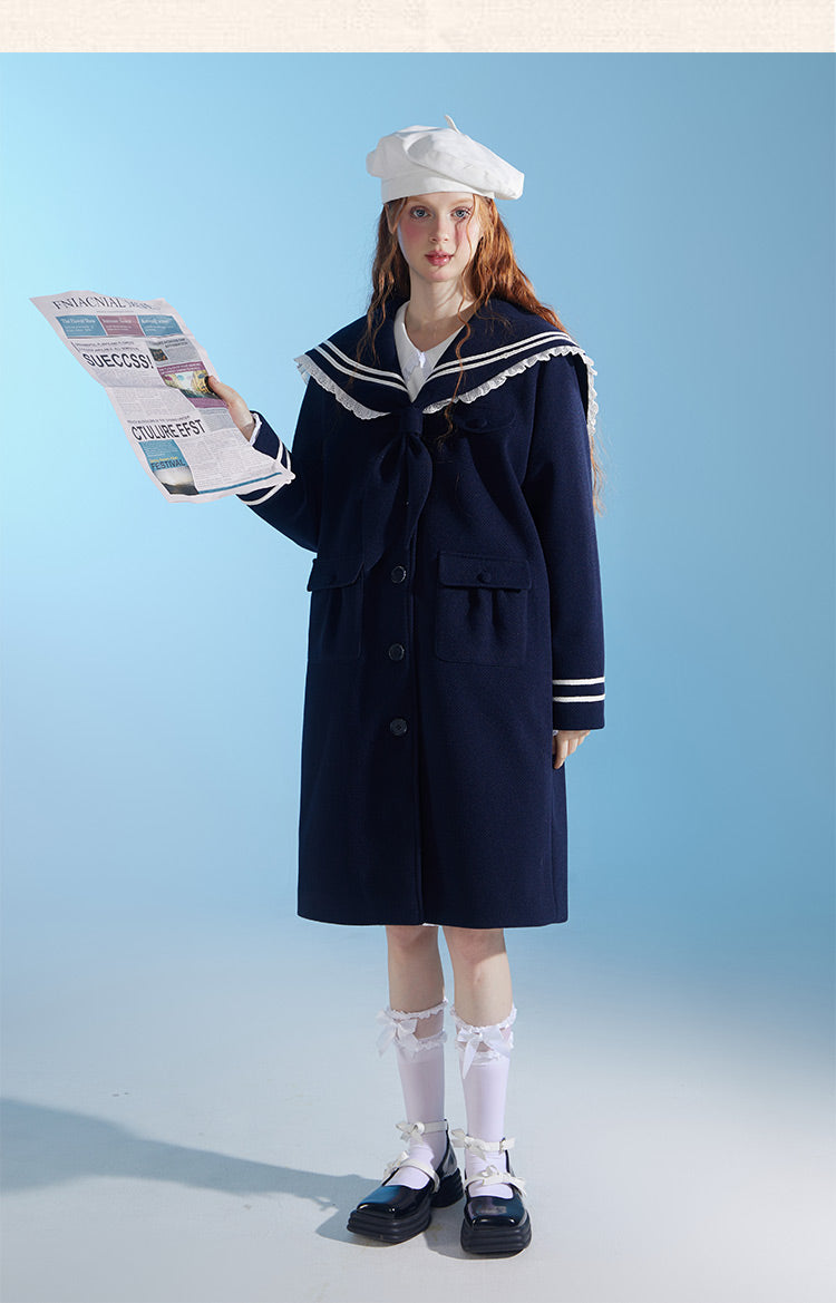 Original design college style navy mid-length wool coat