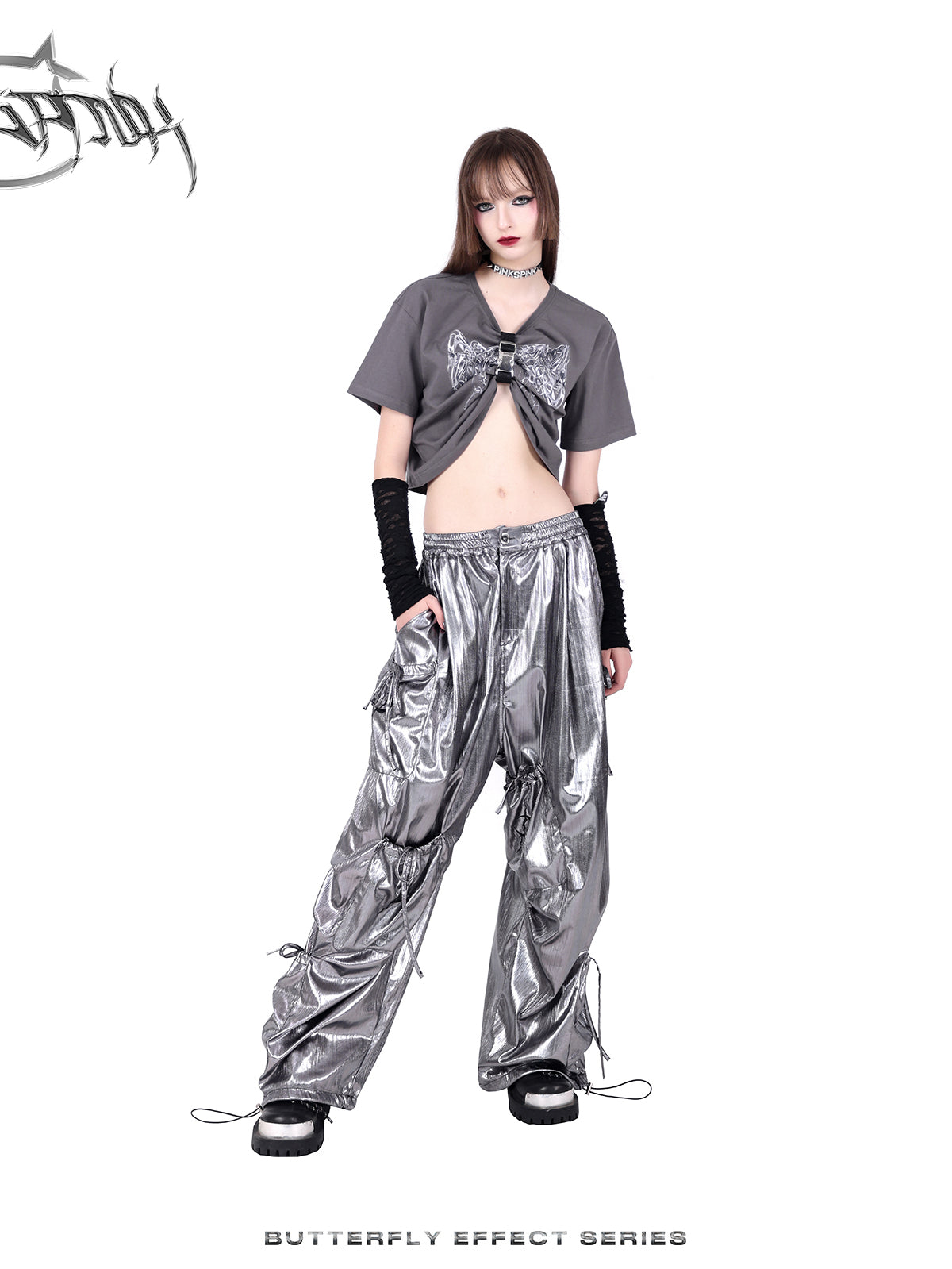 Wide-leg multi-pocket shiny cargo pants