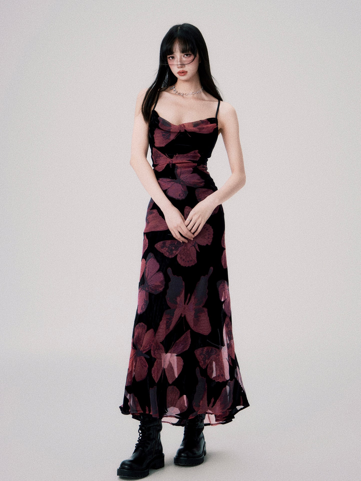 Square Neck Velvet Butterfly Suspender Dress