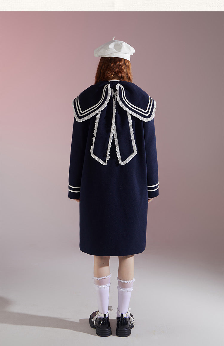 Original design college style navy mid-length wool coat