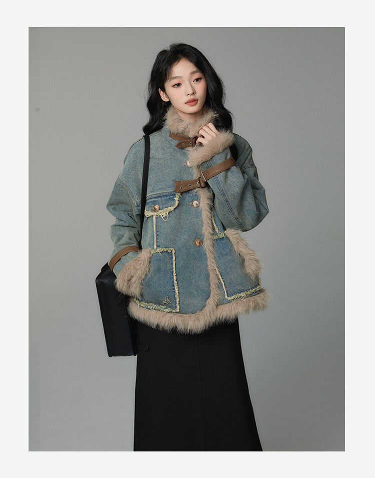 retro fur stitch denim coat