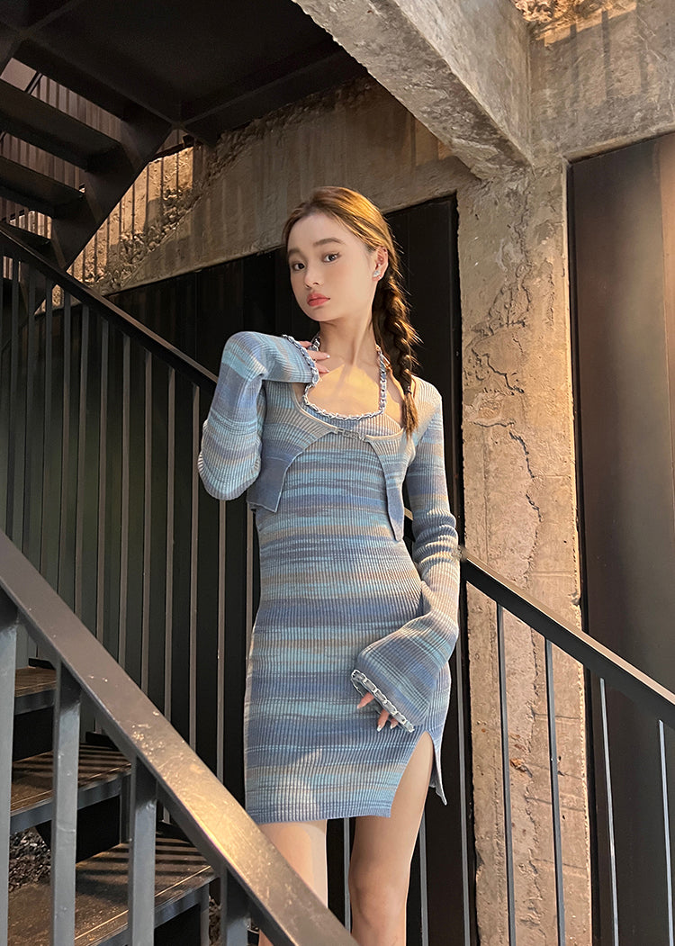 Gradient Stripe Slim Fit Knit Dress & Cardigan Setup