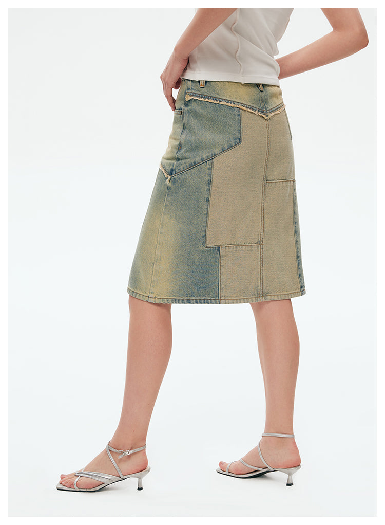 Reconstructed Retro Washed Slim A-Line Skirt