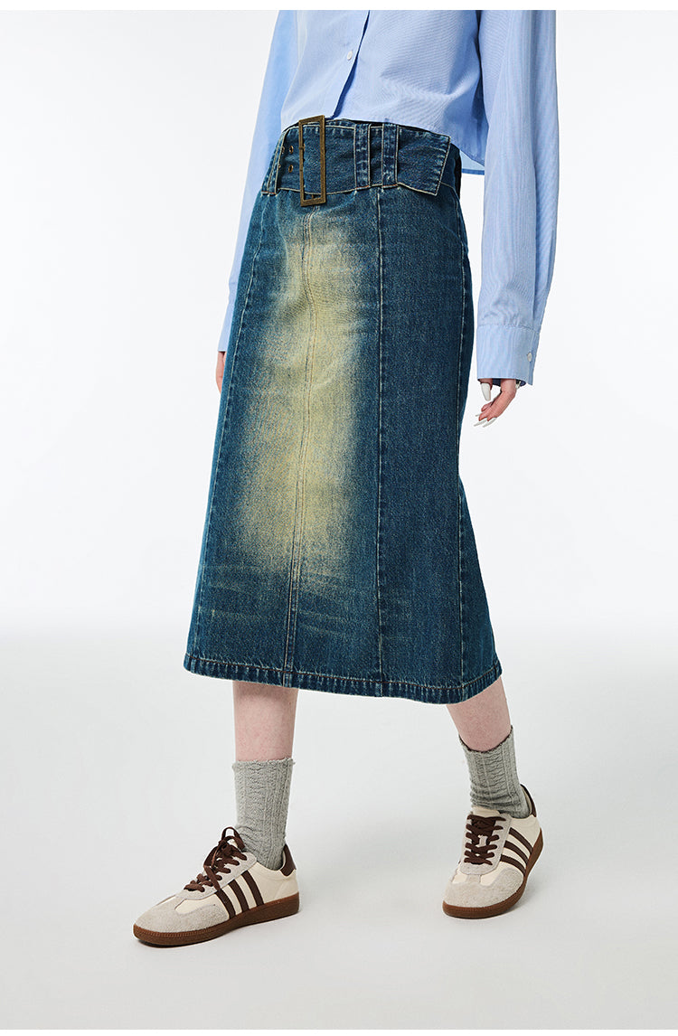 Hip Hugging High Waist Mid Length Denim Skirt