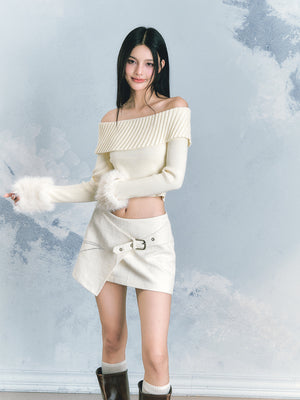 Off-shoulder hem design knit & irregular design short length skirt