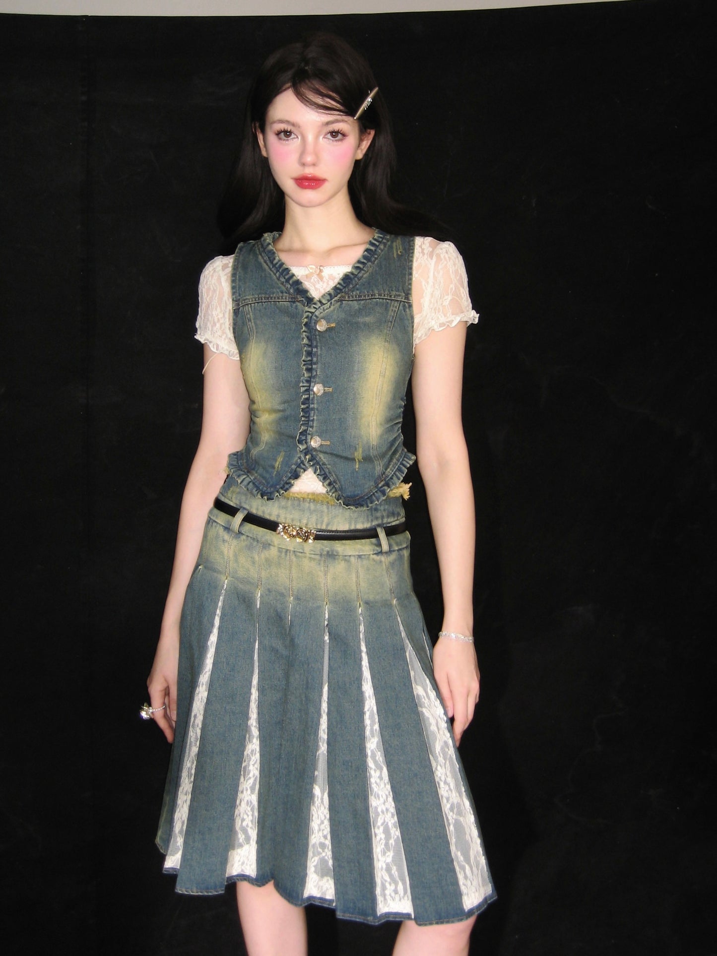 Lace Denim Vest and Pleated Skirt Setup