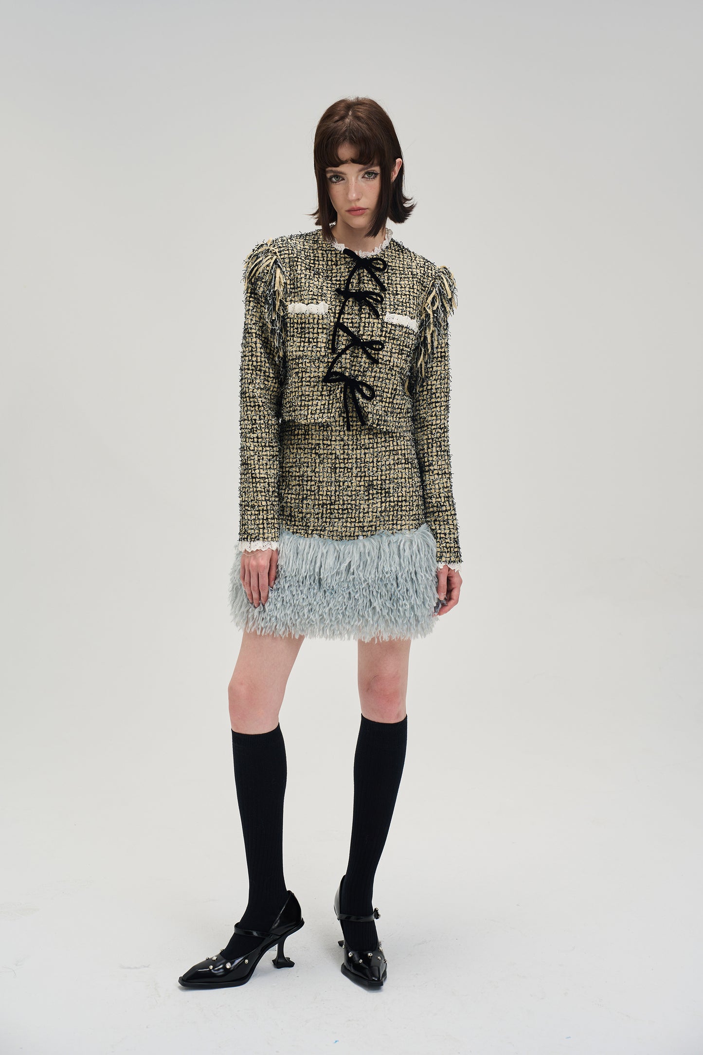 Ribbon Design Short Length Tweed Jacket & Short Length Tweed Ribbon Skirt