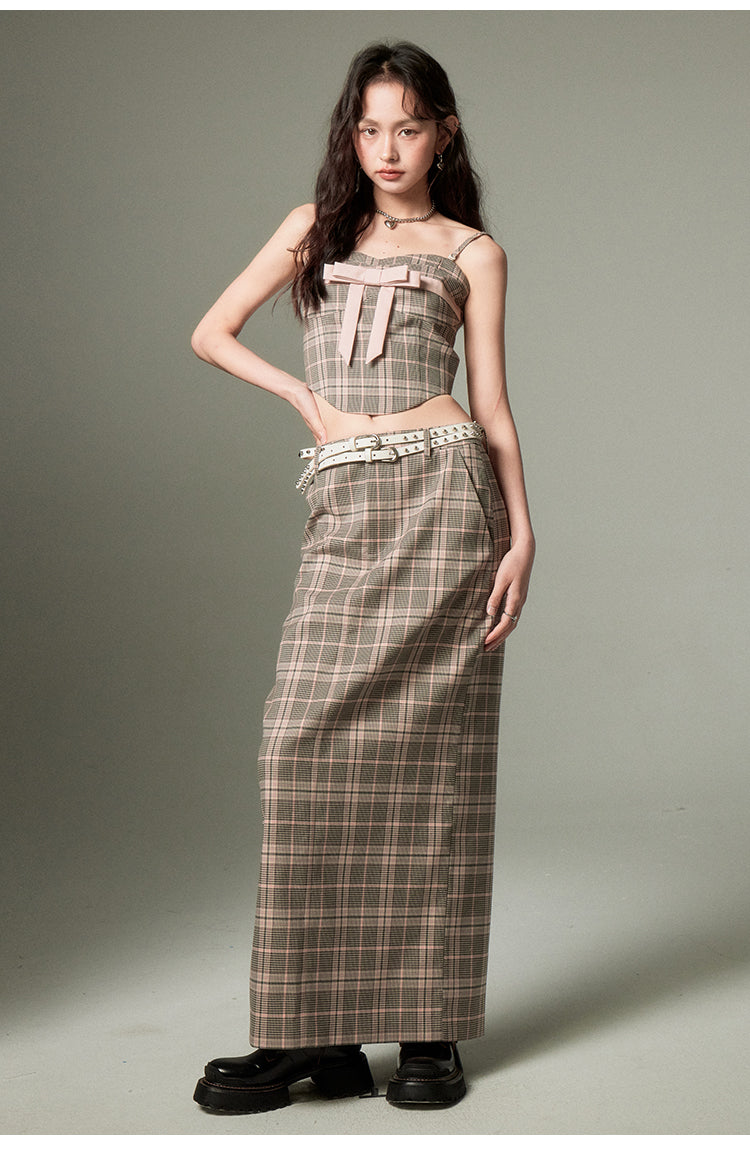 Plaid ribbon tube top &amp; a-line long length skirt set-up