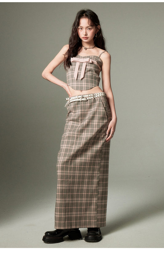 Plaid ribbon tube top & a-line long length skirt set-up