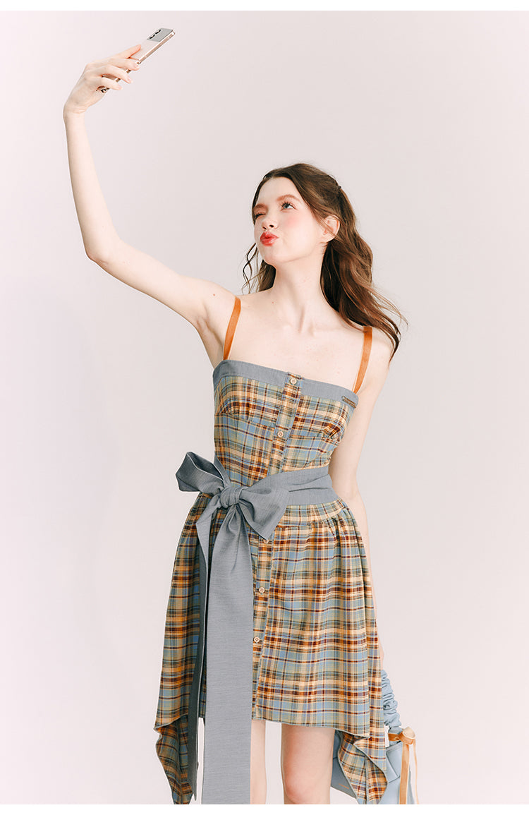 Back Ribbon Plaid Short Suspender One-piece