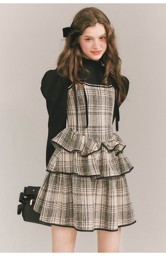 Checkered Shoulder Bow Fake Two-piece Dress