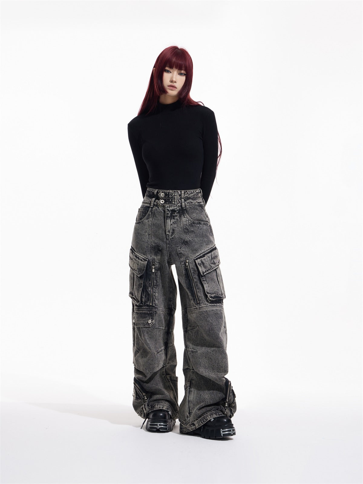 Loose Straight Double Waist Multi Pocket Pants