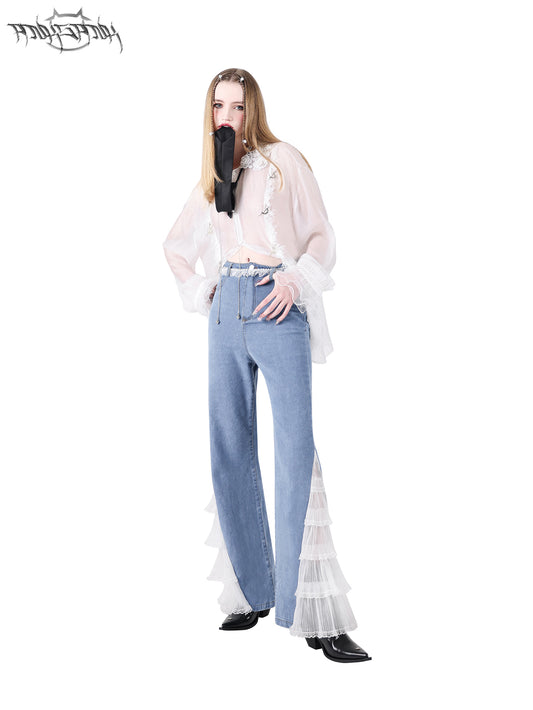 Slim Fit Irregular Hem Ruffle Design Denim Pants