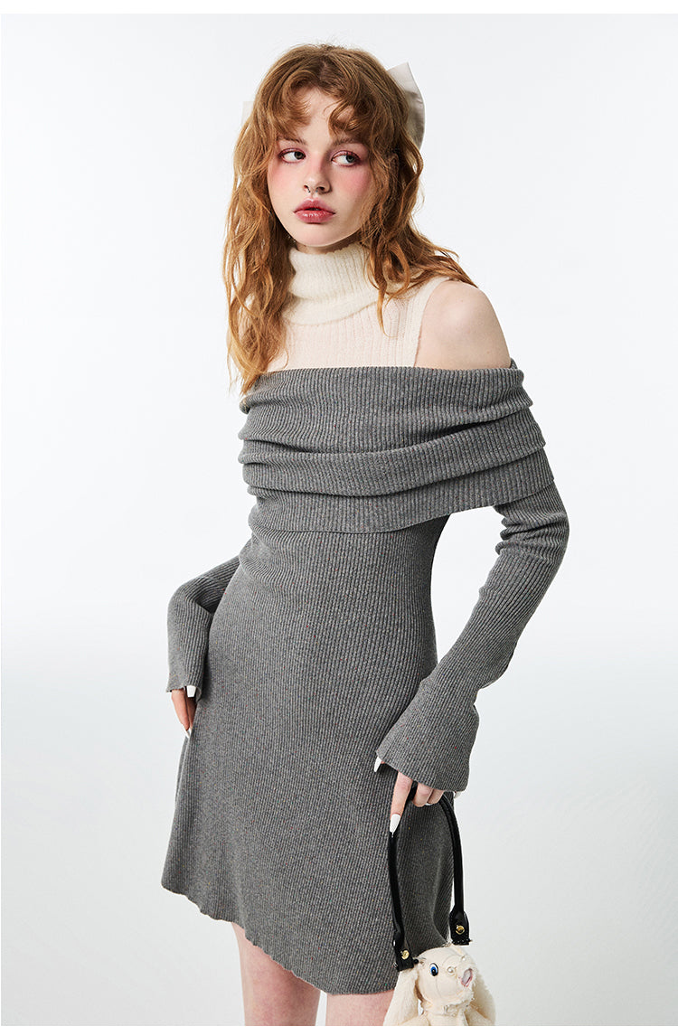 Hot Girl Off-Shoulder Sweater Turtleneck Dress