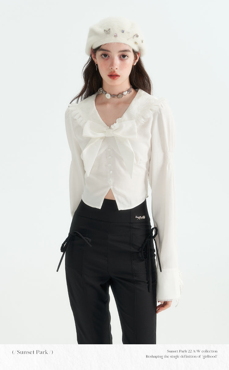 Short length ruffle ribbon shirt