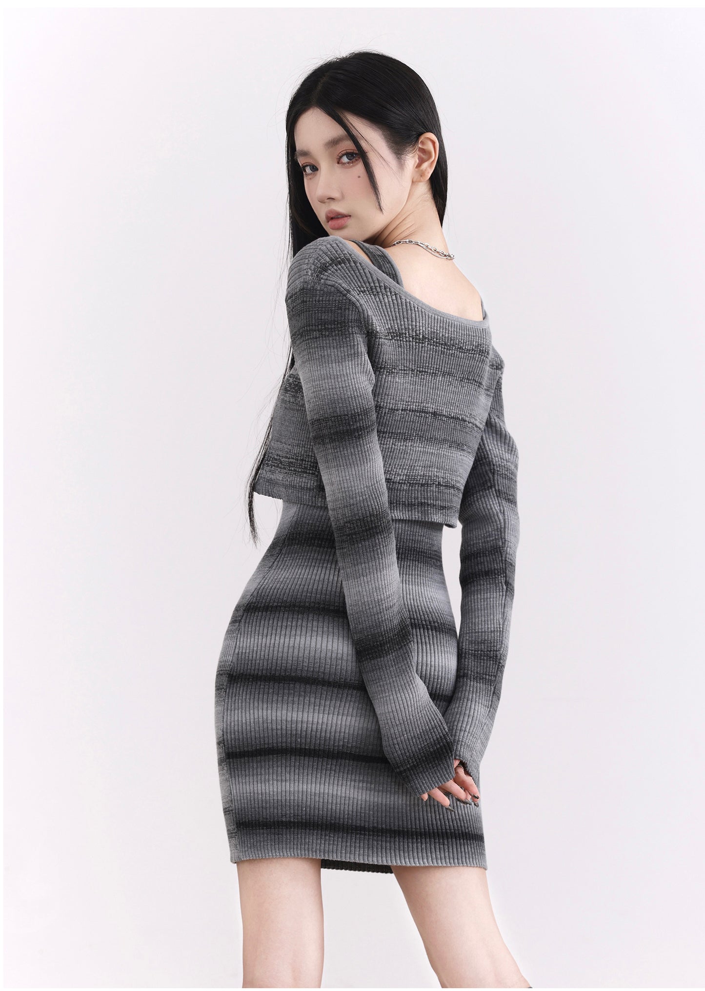 Tight Fit Striped Knit Dress & Knit Cardigan Set-Up