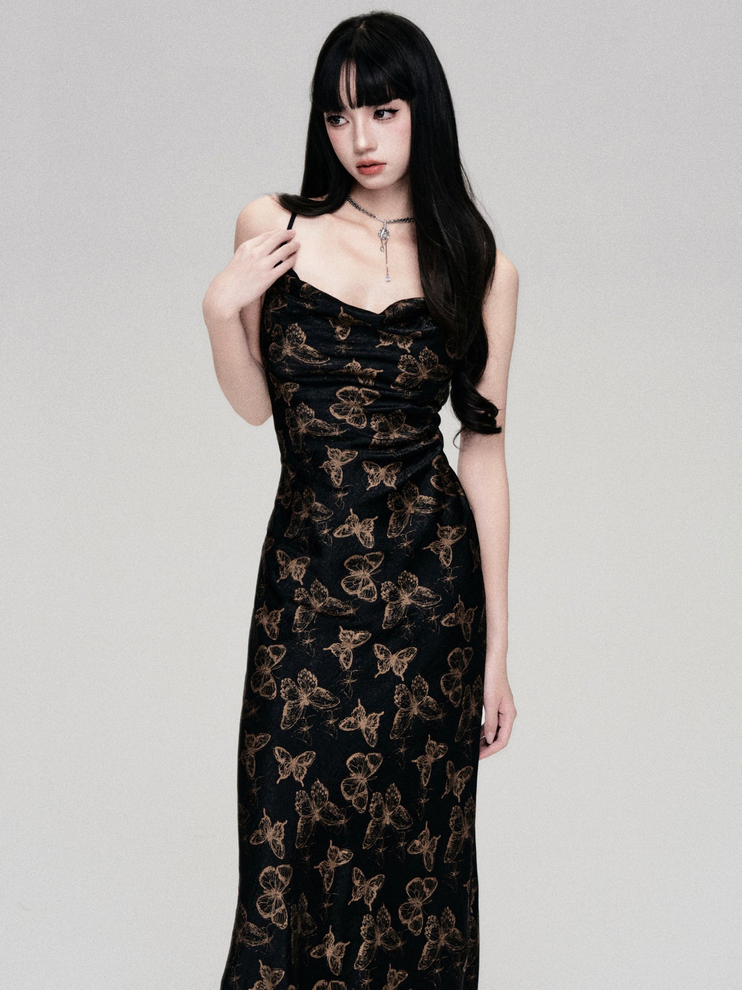 V-Neck Floral Pattern Long Length Suspender Dress