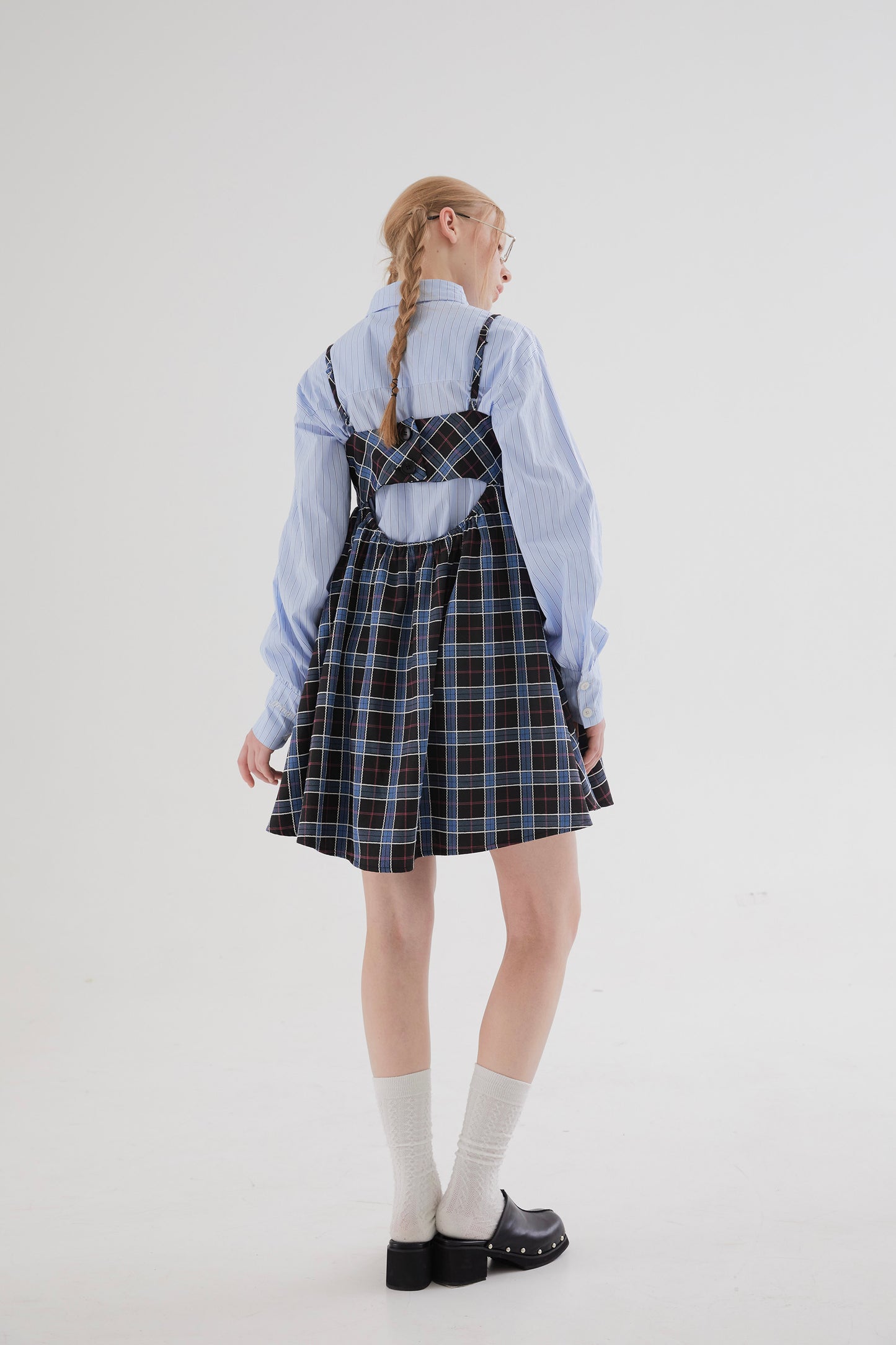 Plaid square-neck suspender dress