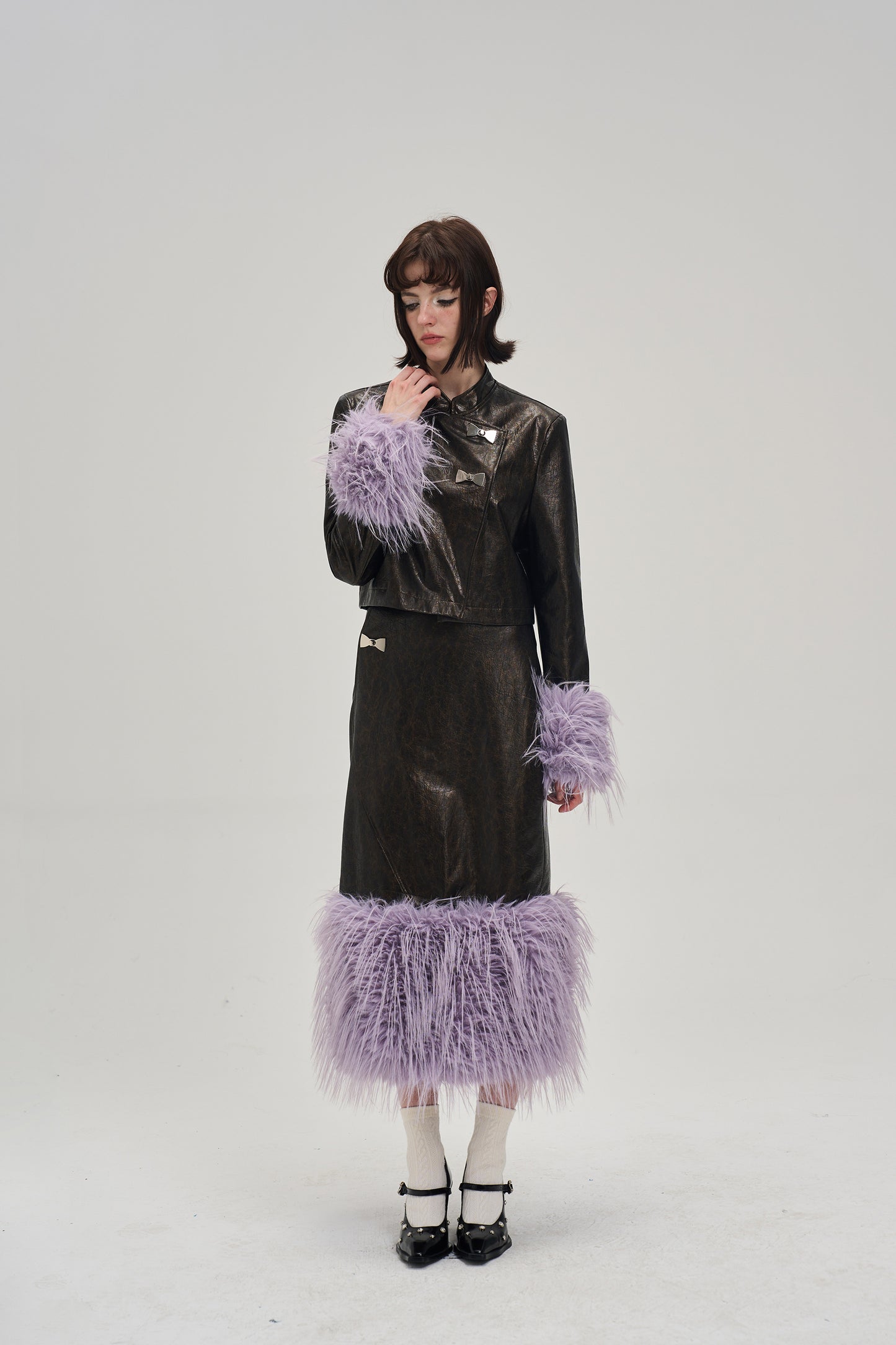 Fur short length leather jacket & fur long length leather skirt