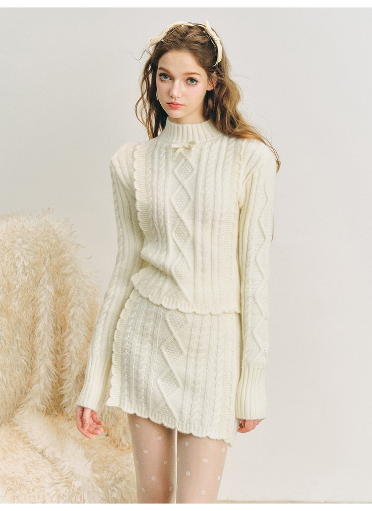 Knit lace set soft waxy twist sweater & skrit