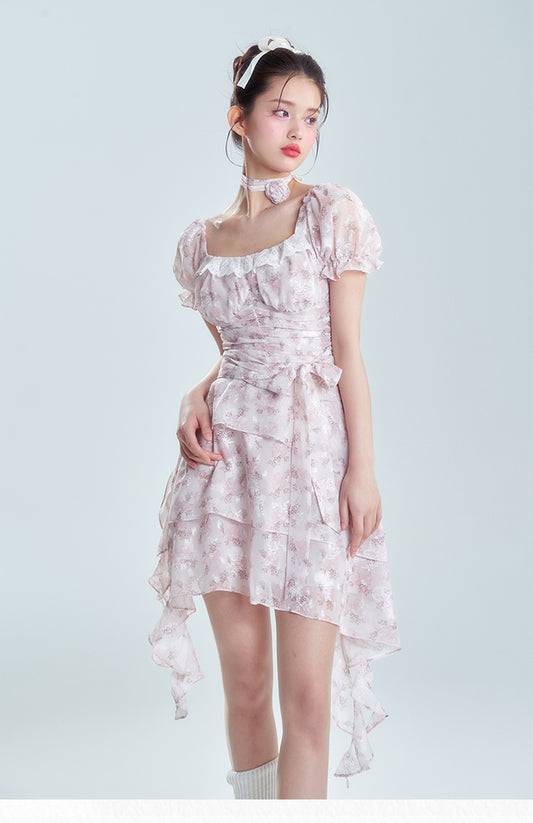 Floral Square Neck Strap Break Dress