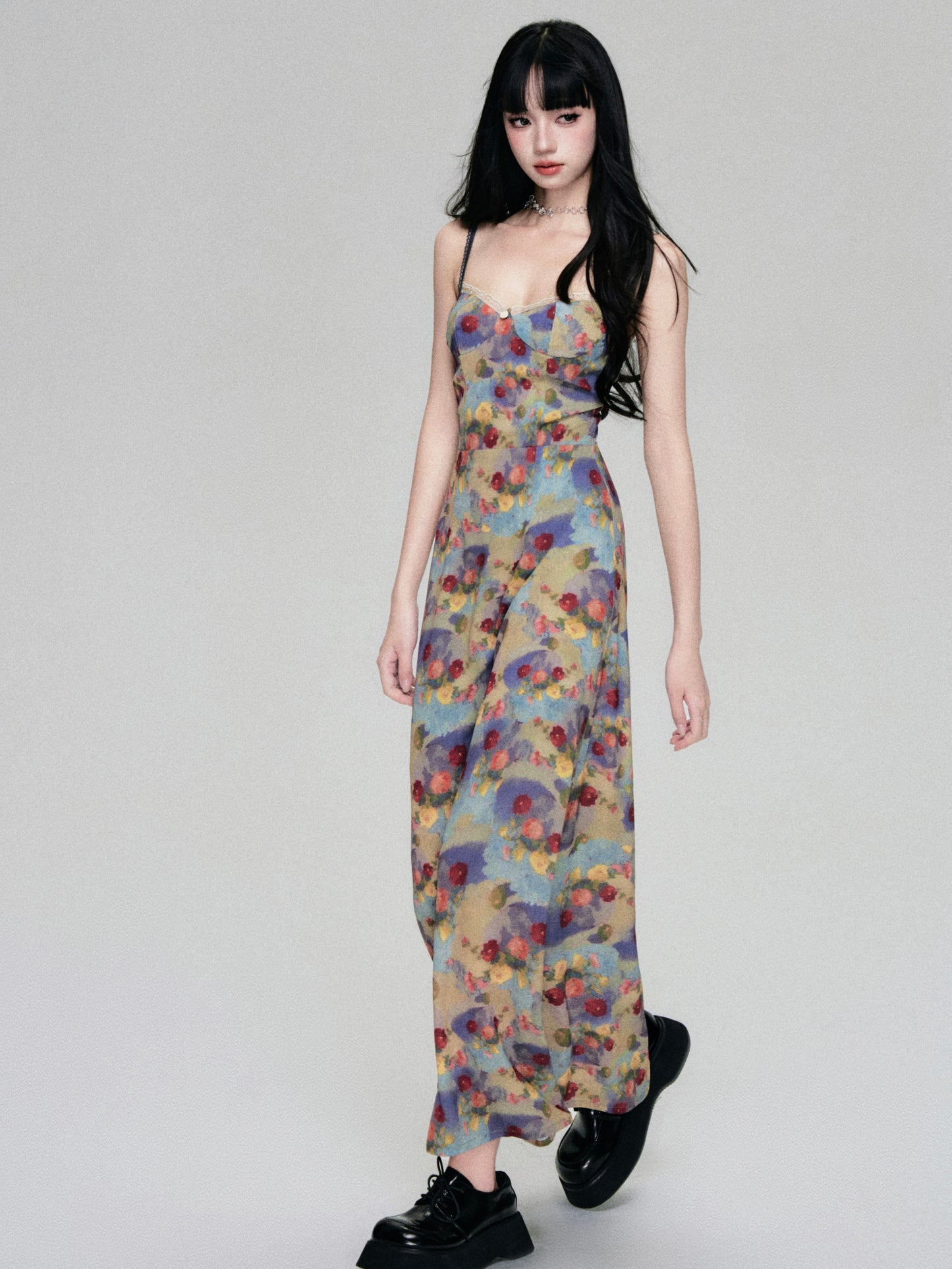 French Retro Stain Floral Suspender Dress