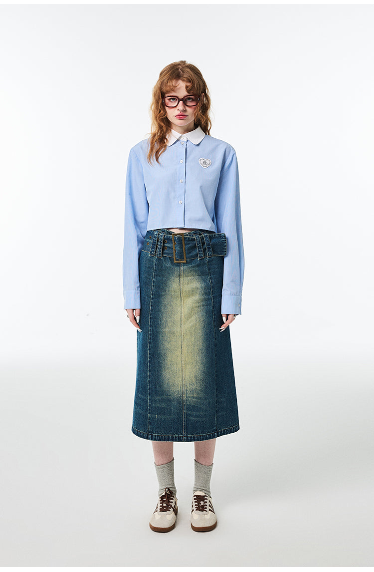 Hip Hugging High Waist Mid Length Denim Skirt