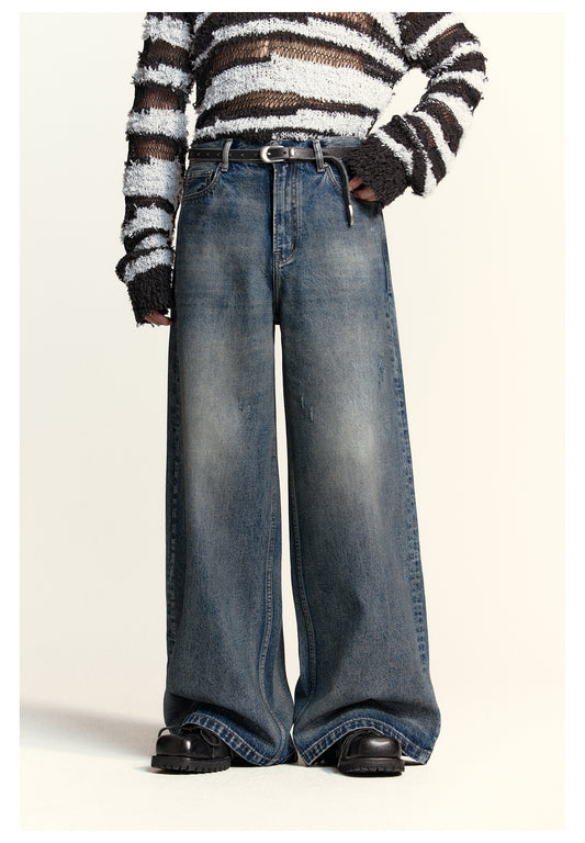 Wide straight washed retro denim pants