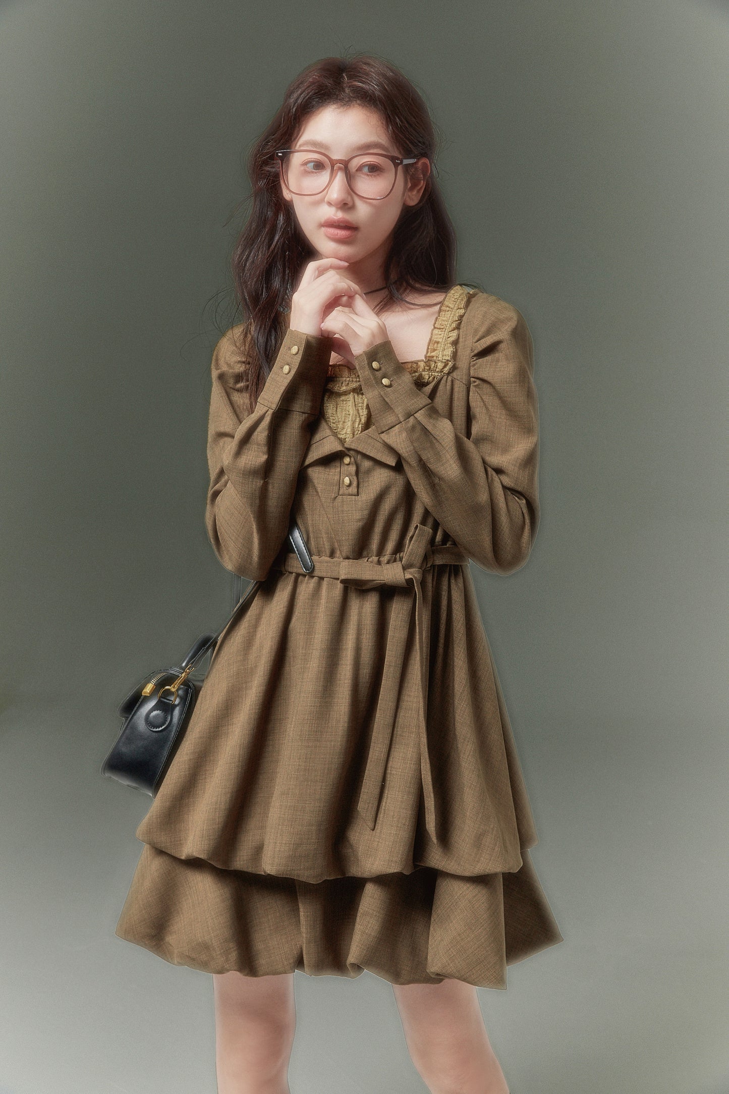 Retro Square Neck Puff Sleeve Belted Waist Double Layer Fake Two Piece Flower Bud Dress