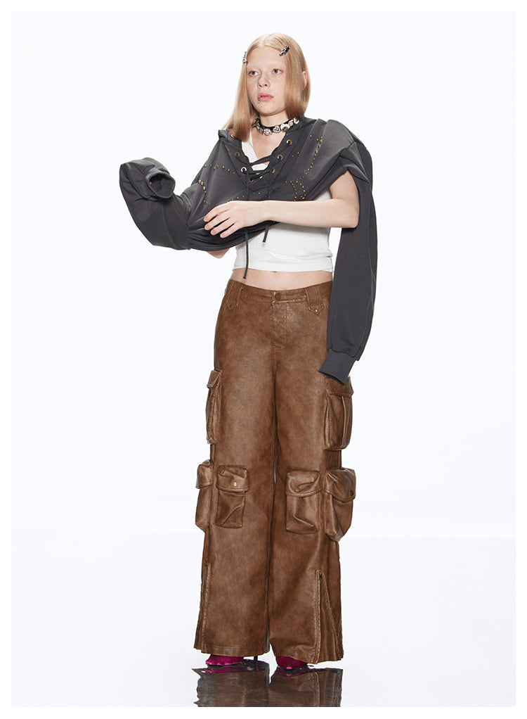 American Retro Multi Pocket Leather Pants